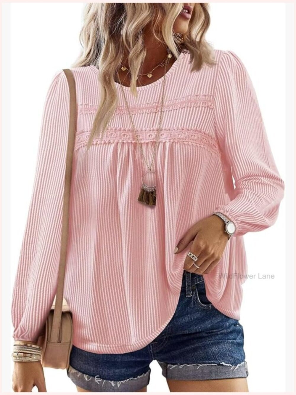 Crewneck Long Sleeve Striped Shirts Dressy Casual Ribbed Blouses Flowy Hem Boho